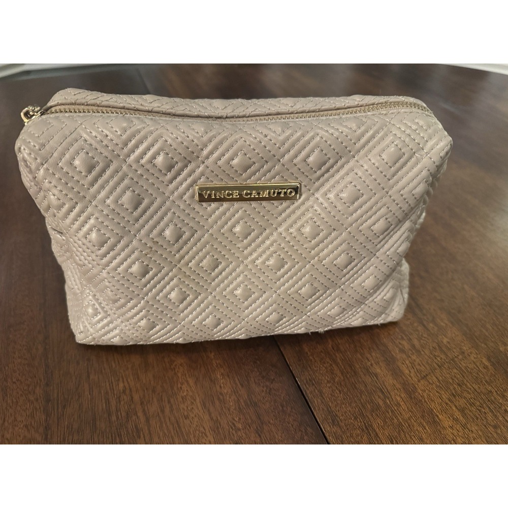 VINCE CAMUTO Cosmetic Bag Pouch Faux Leather Quilted Taupe